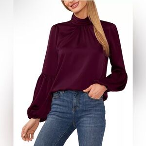 CeCe Women's Blouson-Sleeve Mock-Neck Blouse Size M Color Pickled Beet